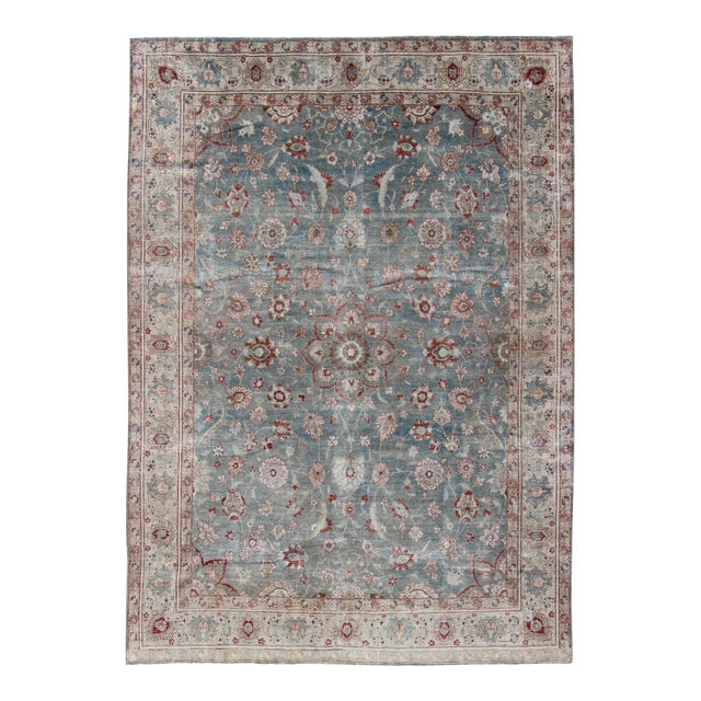 Antique Persian Tabriz Rug With Allover Floral Pattern in Soft Blue, Cream & Red 9' X 12'5. For Sale