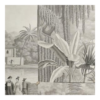 Hand-Painted Monochrome Tropical Jungle Chinoiserie Mural For Sale