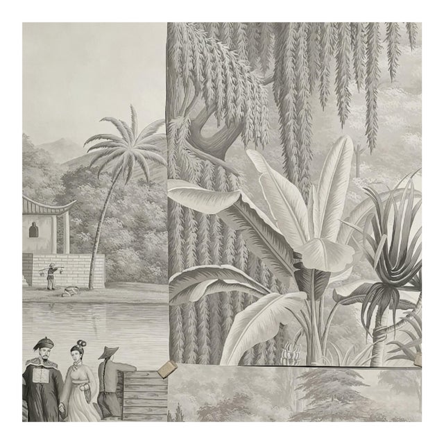 Hand-Painted Monochrome Tropical Jungle Chinoiserie Mural For Sale