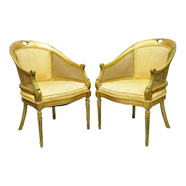 Vintage Italian Hollywood Regency Gold Gilt Barrel Back Cane Lounge Chairs, Pair For Sale