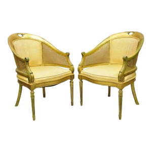 Vintage Italian Hollywood Regency Gold Gilt Barrel Back Cane Lounge Chairs, Pair