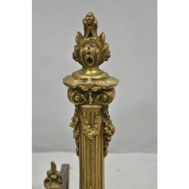 Metal Antique French Empire Style Bronze Corinthian Column Fireplace Andirons - A Pair For Sale - Image 7 of 14