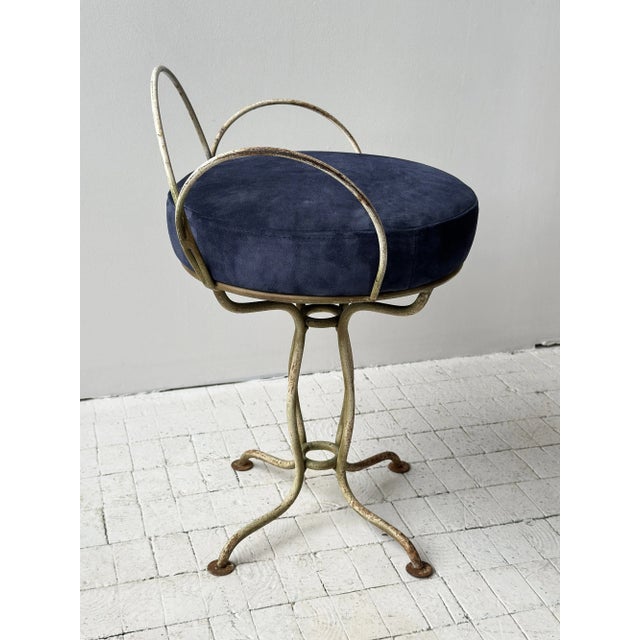 Vintage White-Painted Iron Petal Back Vanity Chair With Navy Suede Seat, Circa Mid-20th Century For Sale - Image 9 of 16