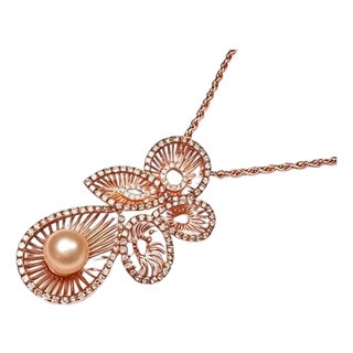 Late 20th Century 18K Rose Gold Champagne Diamond Pearl Pendant Necklace For Sale
