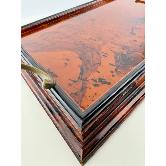 Traditional Vintage Italian Faux Tortoiseshell Lacquered Wood Serving Tray With Brass Handles For Sale - Image 3 of 13