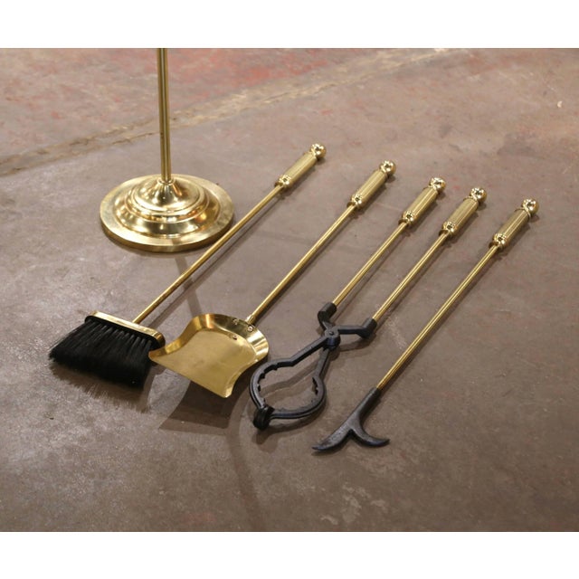 Metal Vintage French Brass Fireplace Four-Piece Tool Set on Stand For Sale - Image 7 of 7