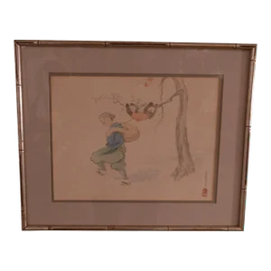 Vintage Chinese Man & Monkey Watercolor Drawing