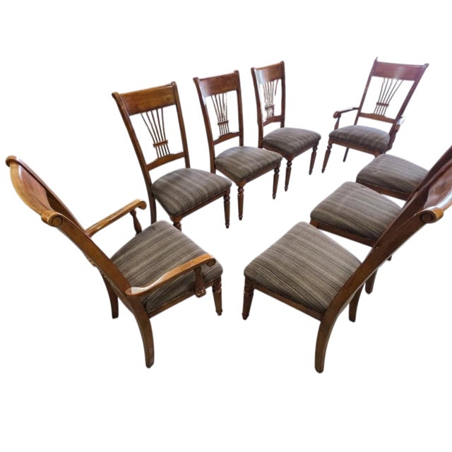 Late 20th Century Traditional Expandable Wood Dining Table With 8 Upholstered Chairs – 9 Piece Set For Sale - Image 6 of 9