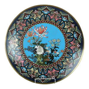 Antique Japanese Cloisonne Charger With Marsh Scene & Heron, Circa 1920
