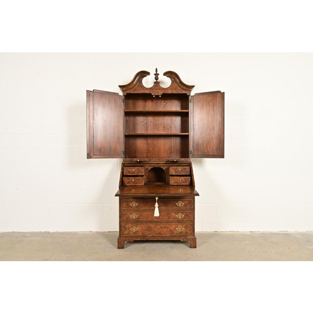 1980s Baker Furniture Georgian Banded Burled Walnut Drop Front Secretary Desk With Bookcase Hutch For Sale - Image 5 of 16