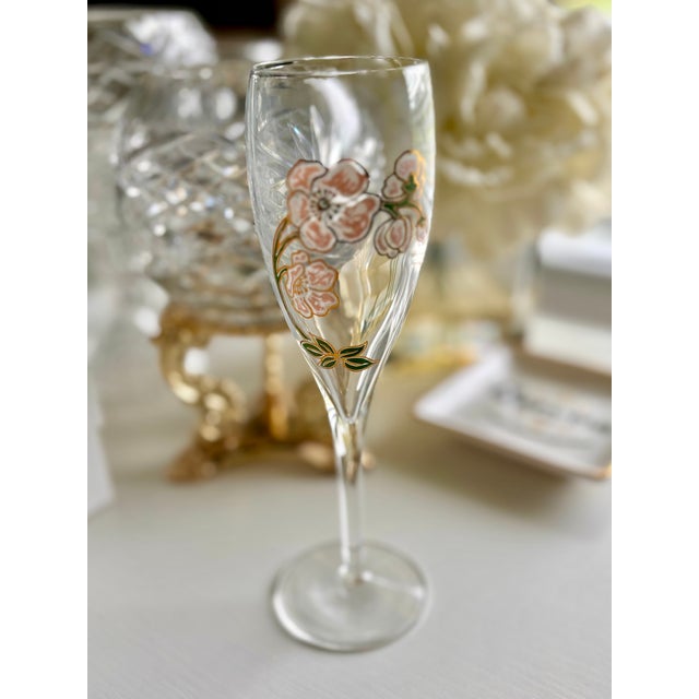 Emile Galle Perrier-Jouët Hand Painted Vintage Champagne Flutes- A Pair in Original Box For Sale - Image 4 of 11
