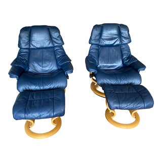 Vintage Ekornes Stressless Vegas Armchairs With Ottomans - 2 Pieces For Sale