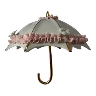 Italian Capodimonte Porcelain Parasol Wall Hook With Applied Lace & Gilt Accent 5.5” For Sale