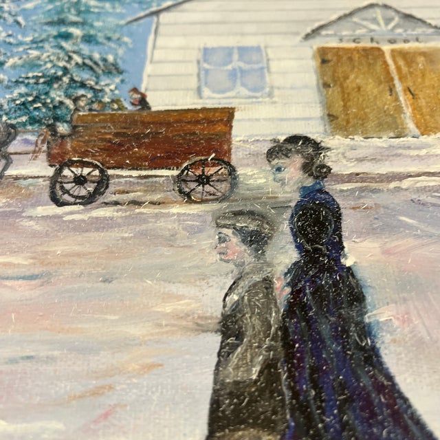 Lavender 1980s Original Oil Painting Winter Village Church by Lea Topliff Framed For Sale - Image 8 of 12