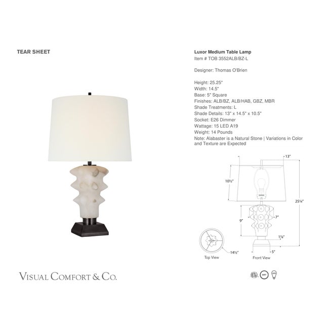Thomas O'Brien by Visual Comfort Signature Luxor Medium Table Lamp in Alabaster and Bronze with Linen Shade Designer:...
