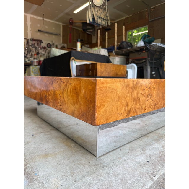 Milo Baughman Milo Baughman Attr Burlwood & Chrome Floating Coffee Table Vintage Mid Century For Sale - Image 4 of 12