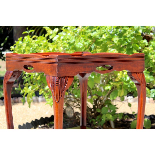 Vintage Georgian Style Mahogany Tray Top Side Table, Circa 1950s–1970s | Ball & Claw Feet | Carved Cabriole Legs | Butler’s Table | 18” Square For Sale - Image 10 of 17