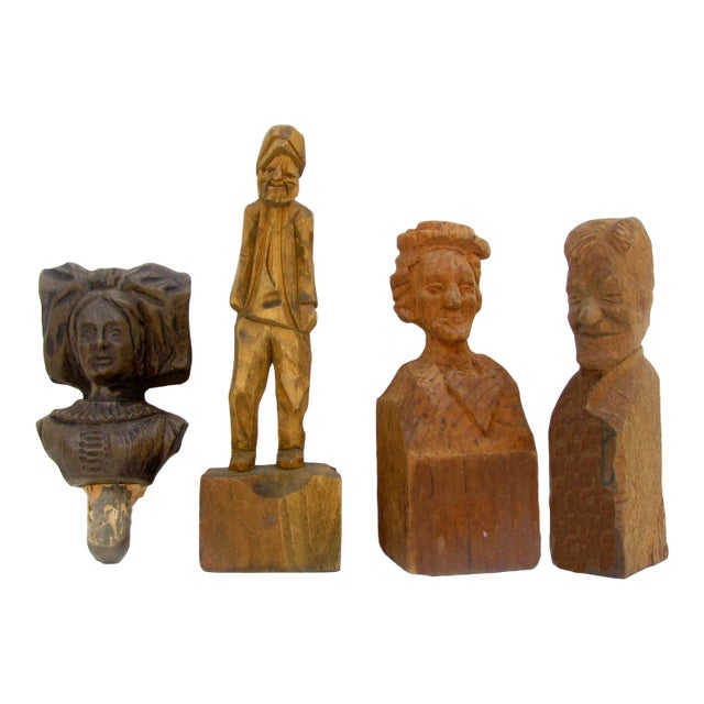 Folk Art Carved Wood Sculpture Collection, Set of 4 For Sale