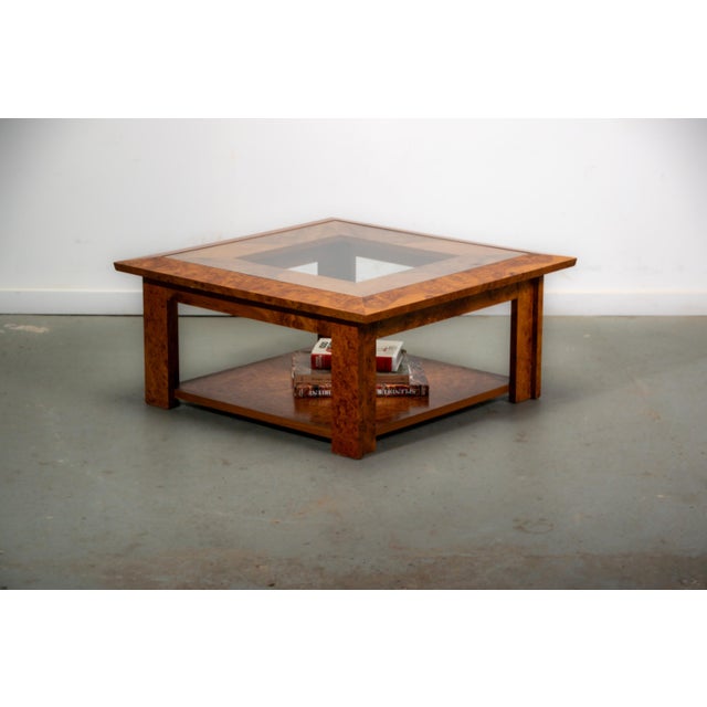 Wood Walnut Burl and Glass Coffee Table, 1989 For Sale - Image 7 of 12