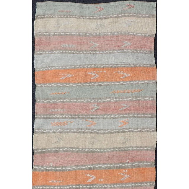 Tan Mid 20th Century Geometric Stripe Vintage Turkish Kilim Flat-Weave Runner in Multi Color For Sale - Image 8 of 11