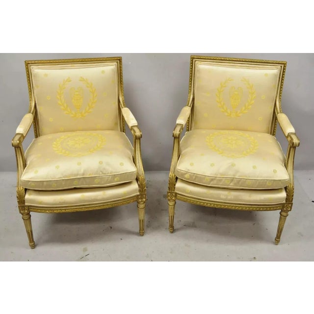 Early 20th Century French Louis XVI Neoclassical Gold Silk Fauteuil Parcel Gilt Armchairs - A Pair For Sale - Image 12 of 12