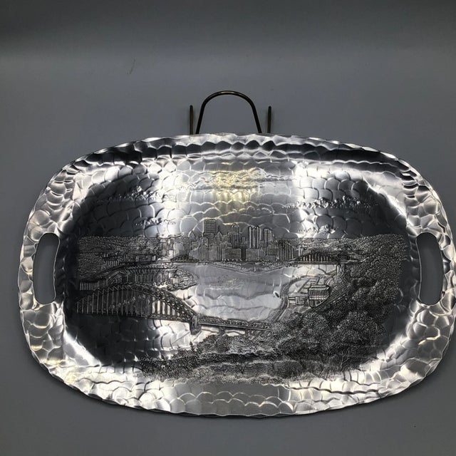 Mid-Century Modern “Wendell August Forge” Hammered Aluminum My Hometown Pittsburgh Pa. Skyline Tray For Sale - Image 3 of 13