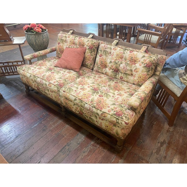 Late 20th Century Vintage English Style Floral Upholstered Sofa With Carved Wood Frame For Sale - Image 5 of 11