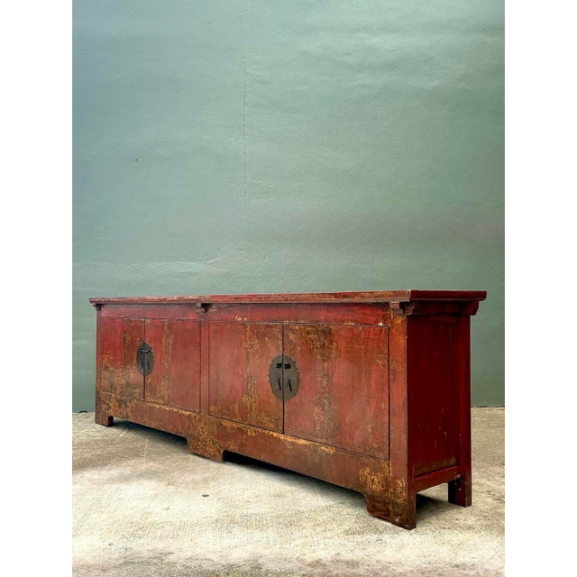 Chinoiserie Vintage Asian Medallion Reclaimed Wood Long Credenza For Sale - Image 3 of 12