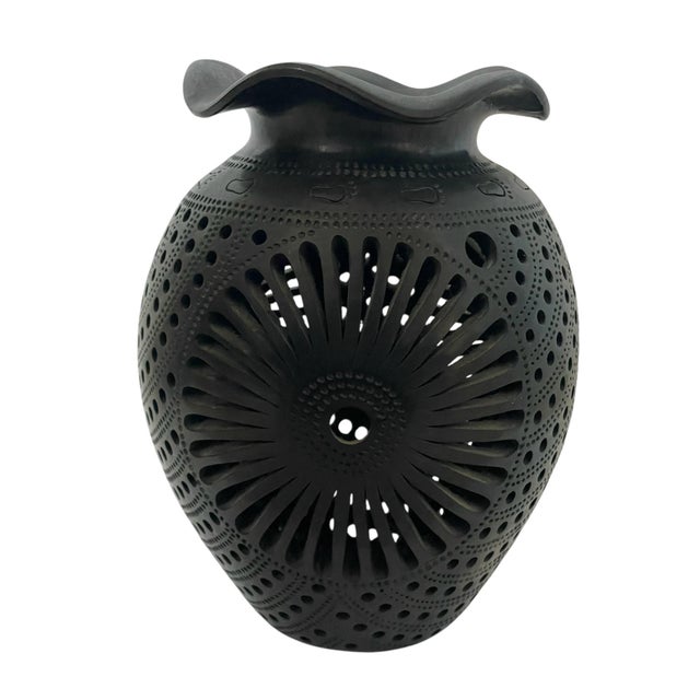 Oaxacan 9” Art Pottery Barro Negro Vase Mexico Hand Carved Black Clay Round For Sale In San Francisco - Image 6 of 8