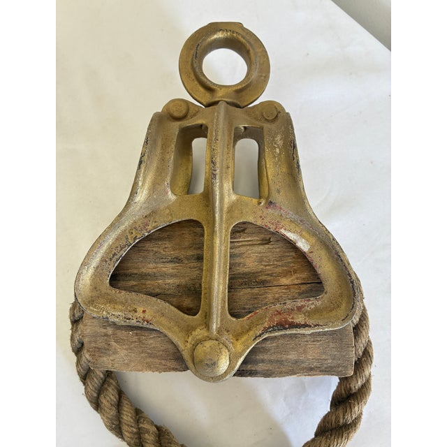 Vintage Nautical Wood & Cast Metal Pulley Block With Rope – Maritime Industrial Décor For Sale - Image 4 of 12