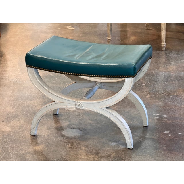 1950s Curule Stool With Teal Leather Seat For Sale - Image 6 of 8