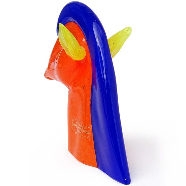 Murano Gambaro Poggi Murano Vintage Bright Orange Blue Yellow Italian Art Glass Horse Head Figurine Sculpture For Sale - Image 4 of 6