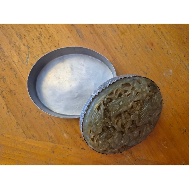 Gemstone Delicate Vintage Carved Jade Trinket Box With Silver-Toned Base For Sale - Image 7 of 7