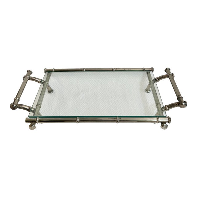 1960’s Hollywood Regency Faux Bamboo Silver Plate Tray With Glass Top For Sale