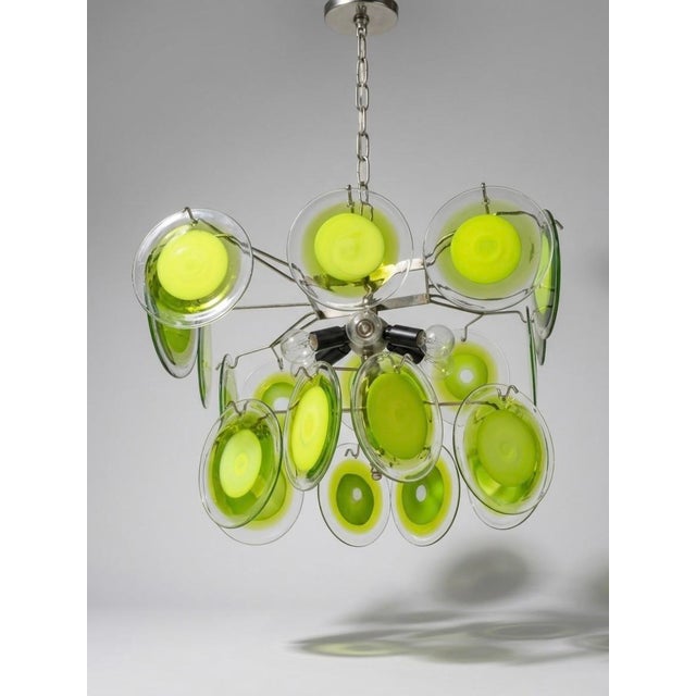 1970s Mid-Century Italian Modernist Chandelier by Gino Vistosi, 1970s Murano Green Glass Disc and Chrome For Sale - Image 5 of 8