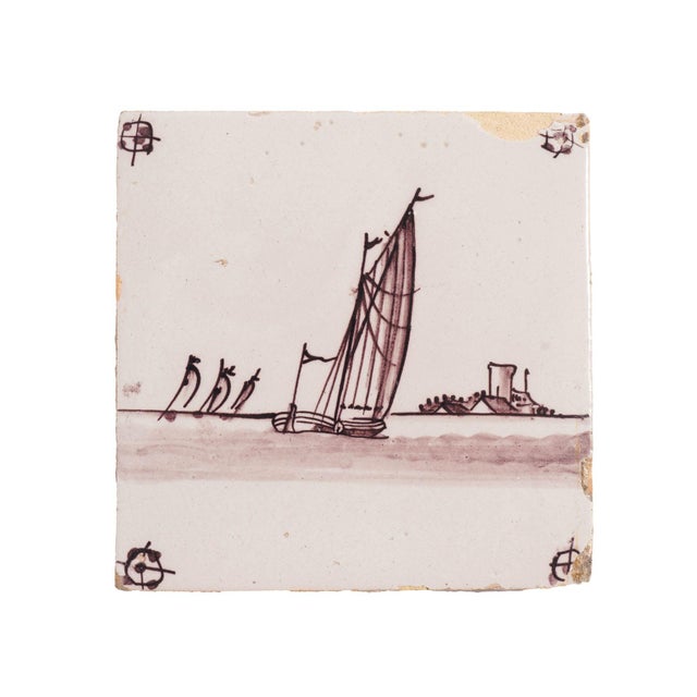 Traditional Pair of Mulberry Faience Tiles of Sailing Vessels, C. 1700's For Sale - Image 3 of 8