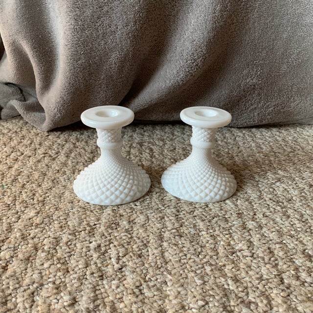 Mid Century Vintage White Milkglass Candlestick Holders - Pair For Sale - Image 4 of 6