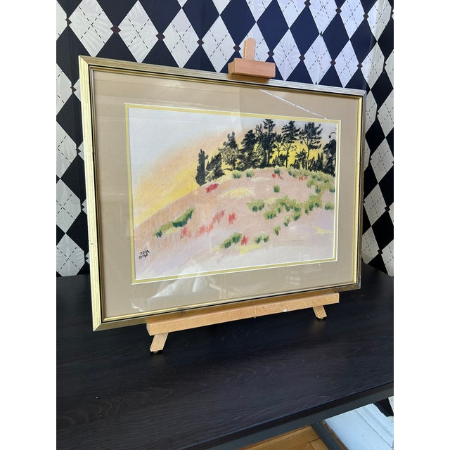 Paper Original Colored Pencil Landscape Drawing – Pink Meadow & Wooded Hillside, Framed, 1980 For Sale - Image 7 of 8