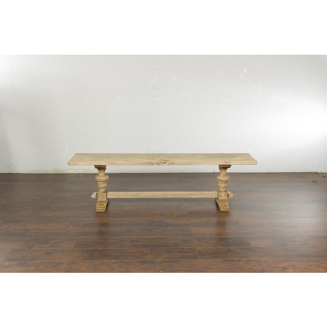 Wood French 19th Century Bleached Walnut Bench with Turned Legs and Cross Stretcher For Sale - Image 7 of 12