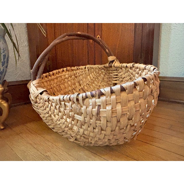 Tan Antique Extra Large Market Basket With Twig Handle For Sale - Image 8 of 11