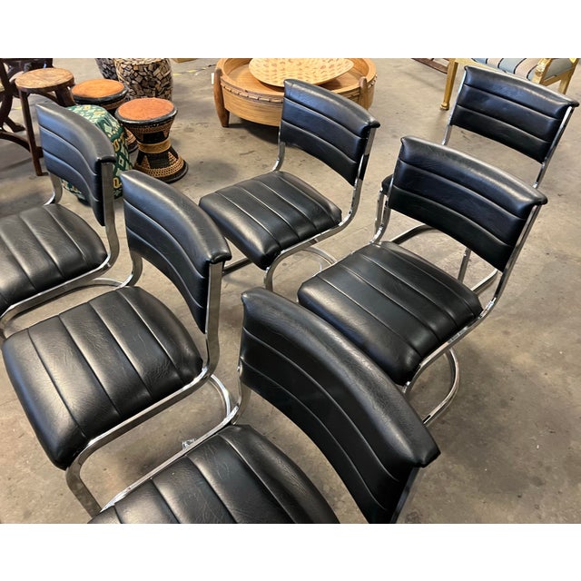 Mid-Century Modern 1970’s Chrome Sling Dining Chairs in Black Vinyl- Set of 6 For Sale - Image 3 of 8