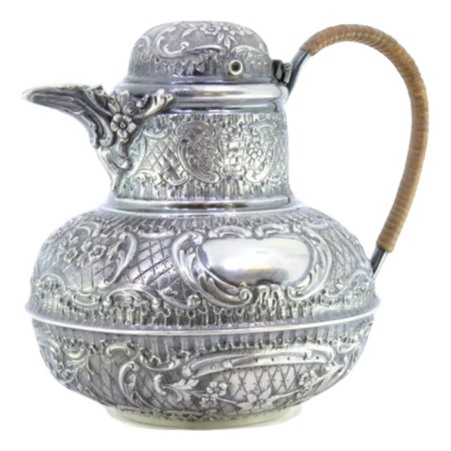 Large Silver Milk Jug with Reliefs, Monogram Card and Coated Handle For Sale