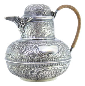 Large Silver Milk Jug with Reliefs, Monogram Card and Coated Handle