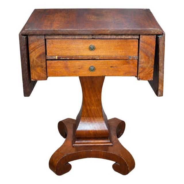 Empire-Style Drop-Leaf Sewing Table With Two Drawers & Scroll-Foot Pedestal For Sale