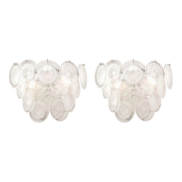 Pair of 21st Century Modernist 14-Disc Sconces in Hand-Blown Murano Transparent Glass For Sale