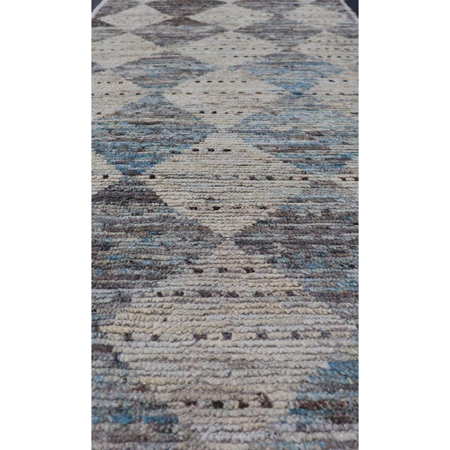 Measures: 3'1 x 7'10 Modern Tribal Runner by Keivan Woven Arts Diamond Design in Cream and Blue. Keivan Woven Arts, rug...