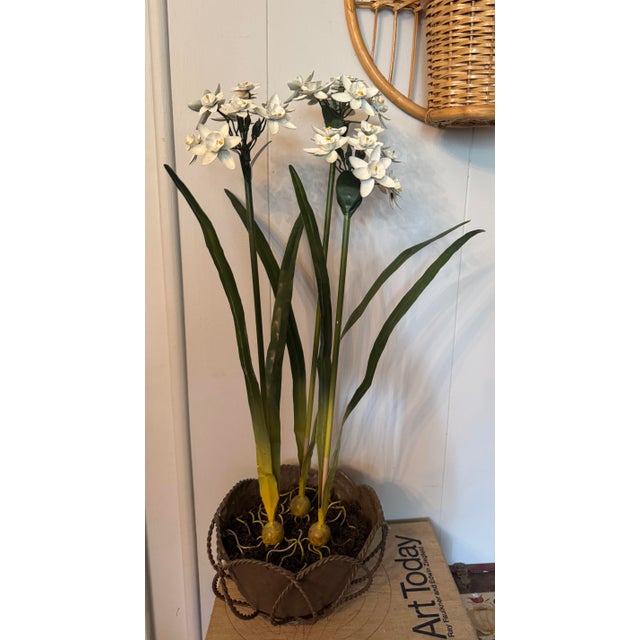 Mid 20th Century Vintage Mid-Century White Tole Narcissus Floral Arrangement Botanical Paperwhites Sculpture Circa 1950s For Sale - Image 5 of 11