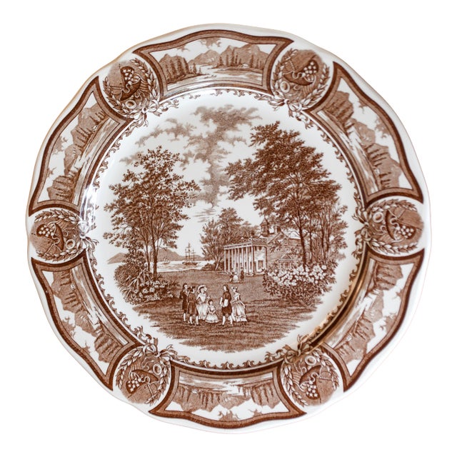 1930s George Washington's Mount Vernon Americana Ironstone Brown White Transferware Plate by J&g Meakin England For Sale