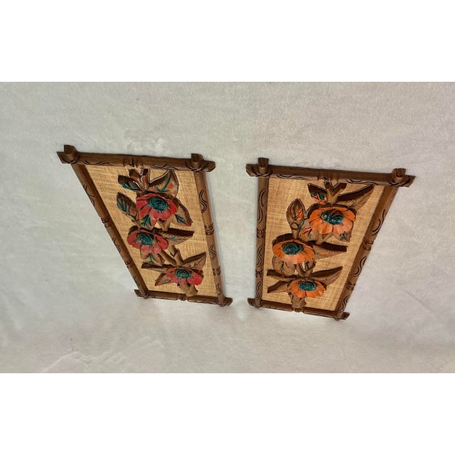 Pair Mid Century Carved Wood Flower Art Wall Hanging Plaques, Tiki Bar Tropical Exotic Decor Circa 50s 60s For Sale - Image 4 of 12