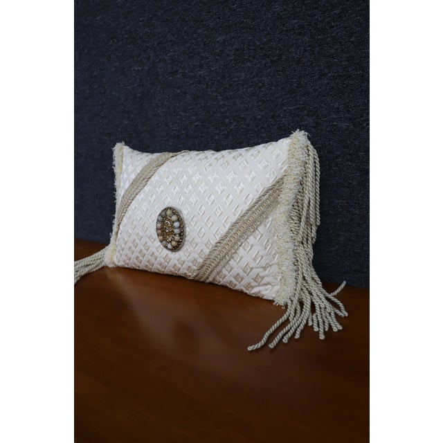 Decorative Ivory Brooch & Tassel Pillow *diamond print texture on fabric